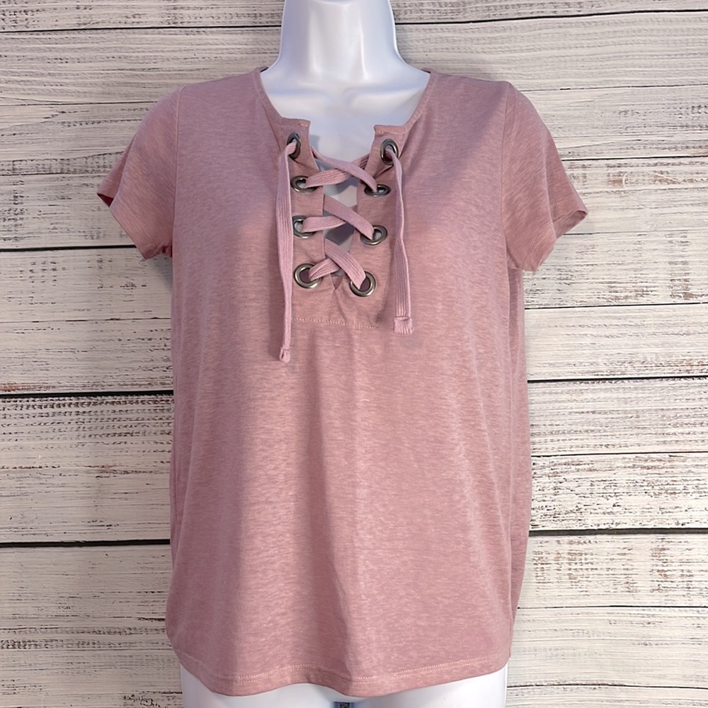 🔥 SALE Pink Short Sleeve Lace Up Tee by Cloud Chaser | Small